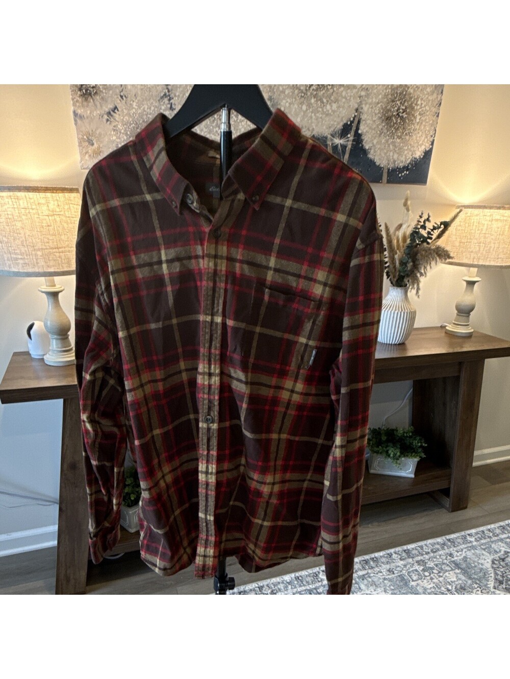 Eddie Bauer Men’s XL Regular Brown/Red/Tan Plaid Long Sleeve Button-Up Shirt